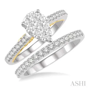 1 Ctw Diamond Lovebright Wedding Set with 3/4 Ctw Pear Shape Engagement Ring in White and Yellow Gold and 1/4 Ctw Wedding Band in White Gold in 14K