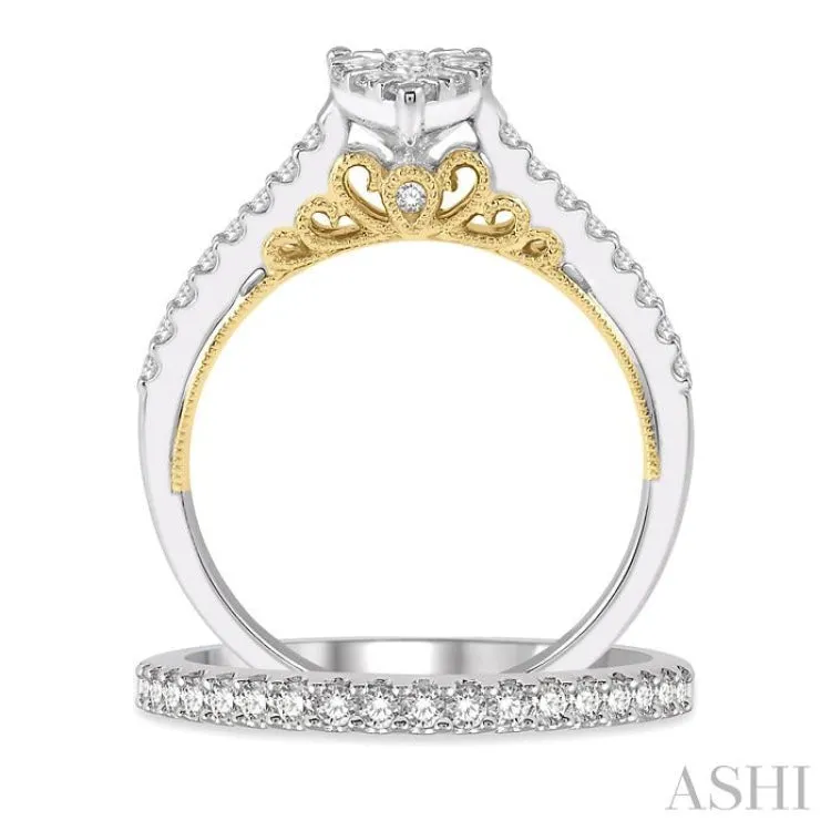 1 Ctw Diamond Lovebright Wedding Set with 3/4 Ctw Pear Shape Engagement Ring in White and Yellow Gold and 1/4 Ctw Wedding Band in White Gold in 14K