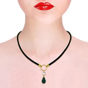 10.8 Carat 14K Solid Yellow Gold Leather Necklace Pearl Emerald