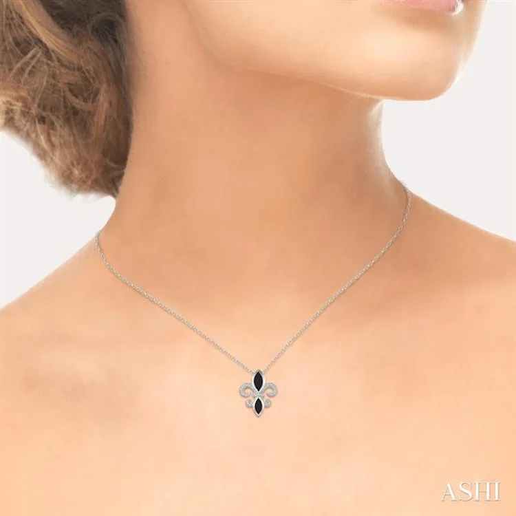 10x5 & 8x4  MM marquise cut Onyx and 1/50 Ctw Single Cut Diamond Fleur De Lis Pendant in Sterling Silver with Chain