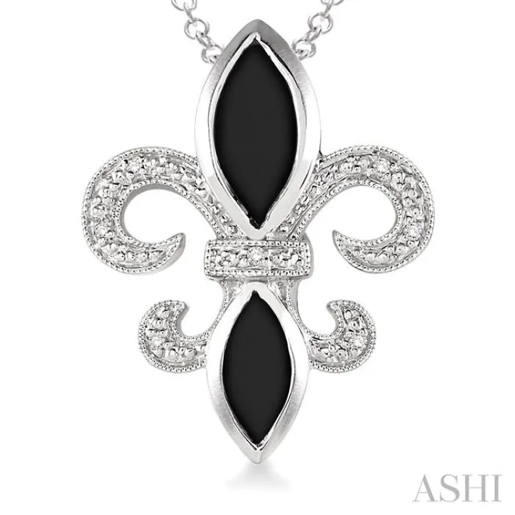 10x5 & 8x4  MM marquise cut Onyx and 1/50 Ctw Single Cut Diamond Fleur De Lis Pendant in Sterling Silver with Chain