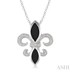 10x5 & 8x4  MM marquise cut Onyx and 1/50 Ctw Single Cut Diamond Fleur De Lis Pendant in Sterling Silver with Chain