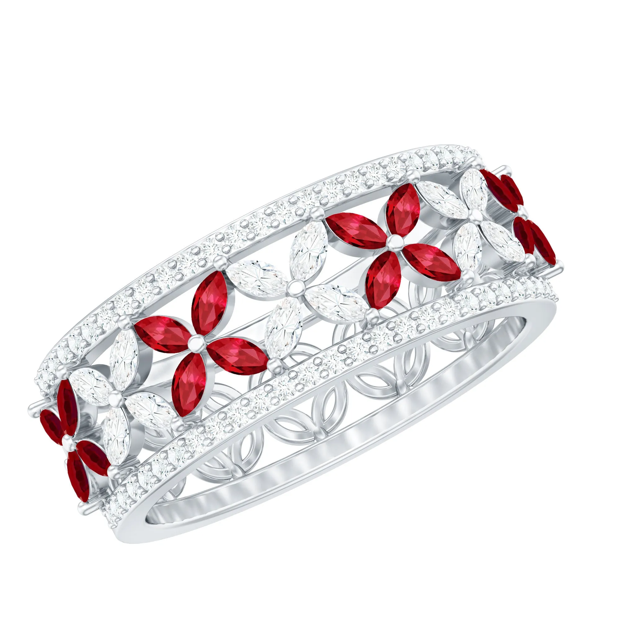 1.25 CT Elegant Created Ruby and Moissanite Floral Wedding Ring