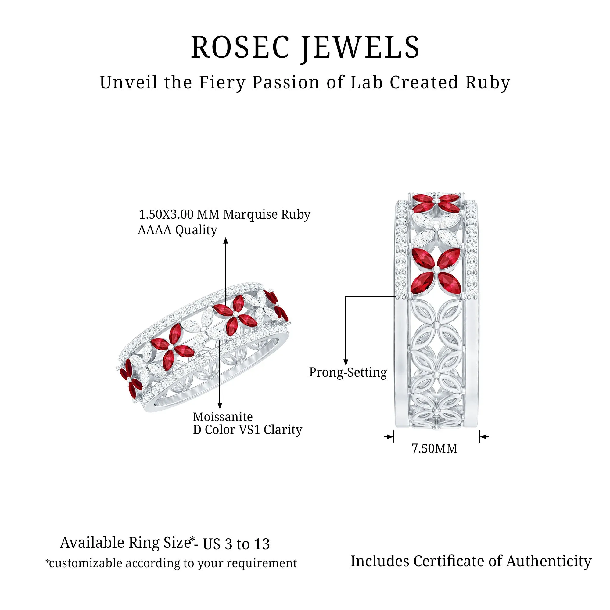 1.25 CT Elegant Created Ruby and Moissanite Floral Wedding Ring