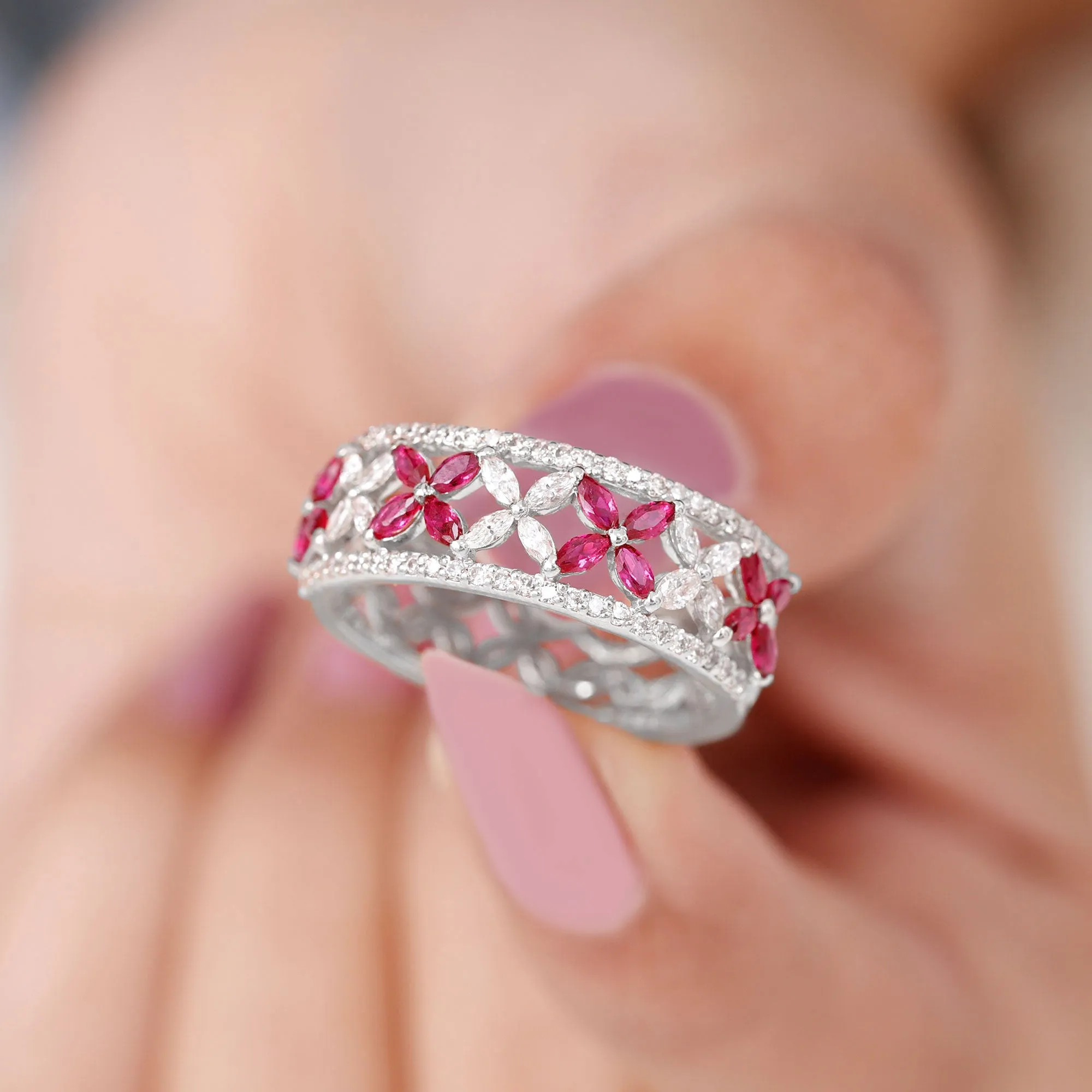 1.25 CT Elegant Created Ruby and Moissanite Floral Wedding Ring