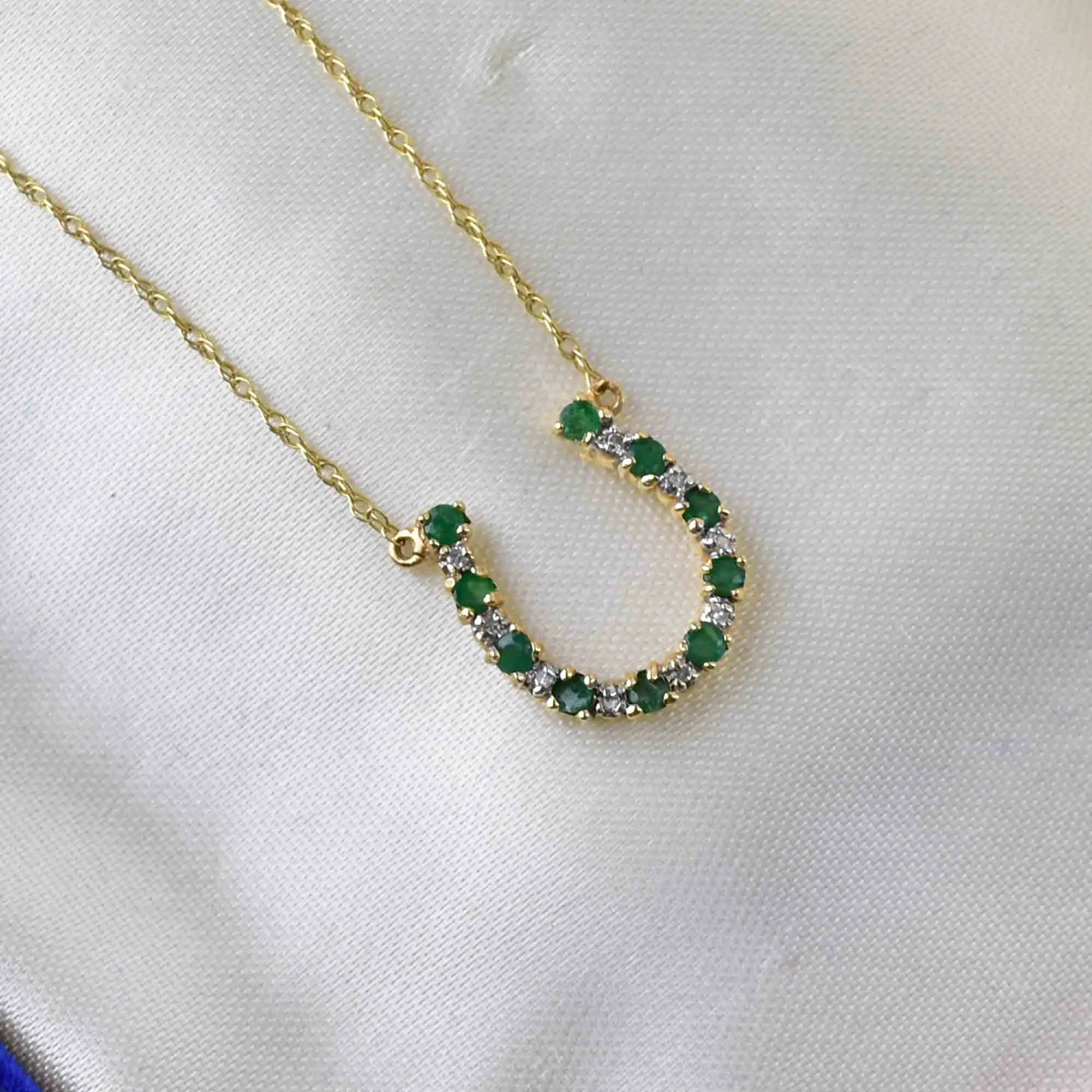 14K Gold Diamond Emerald HorseShoe Pendant Necklace