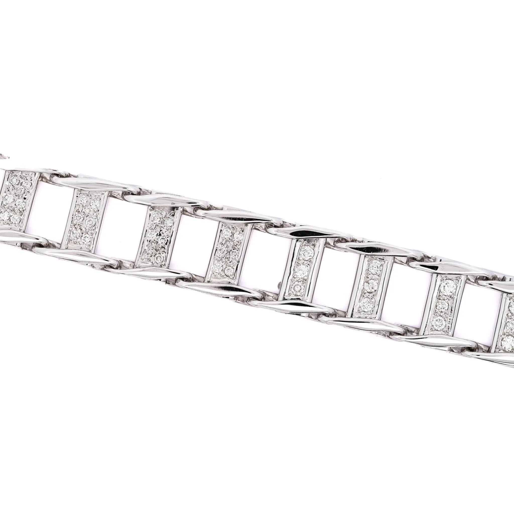 14K White Gold Square Link 2.5 Carat Diamond Mens Bracelet