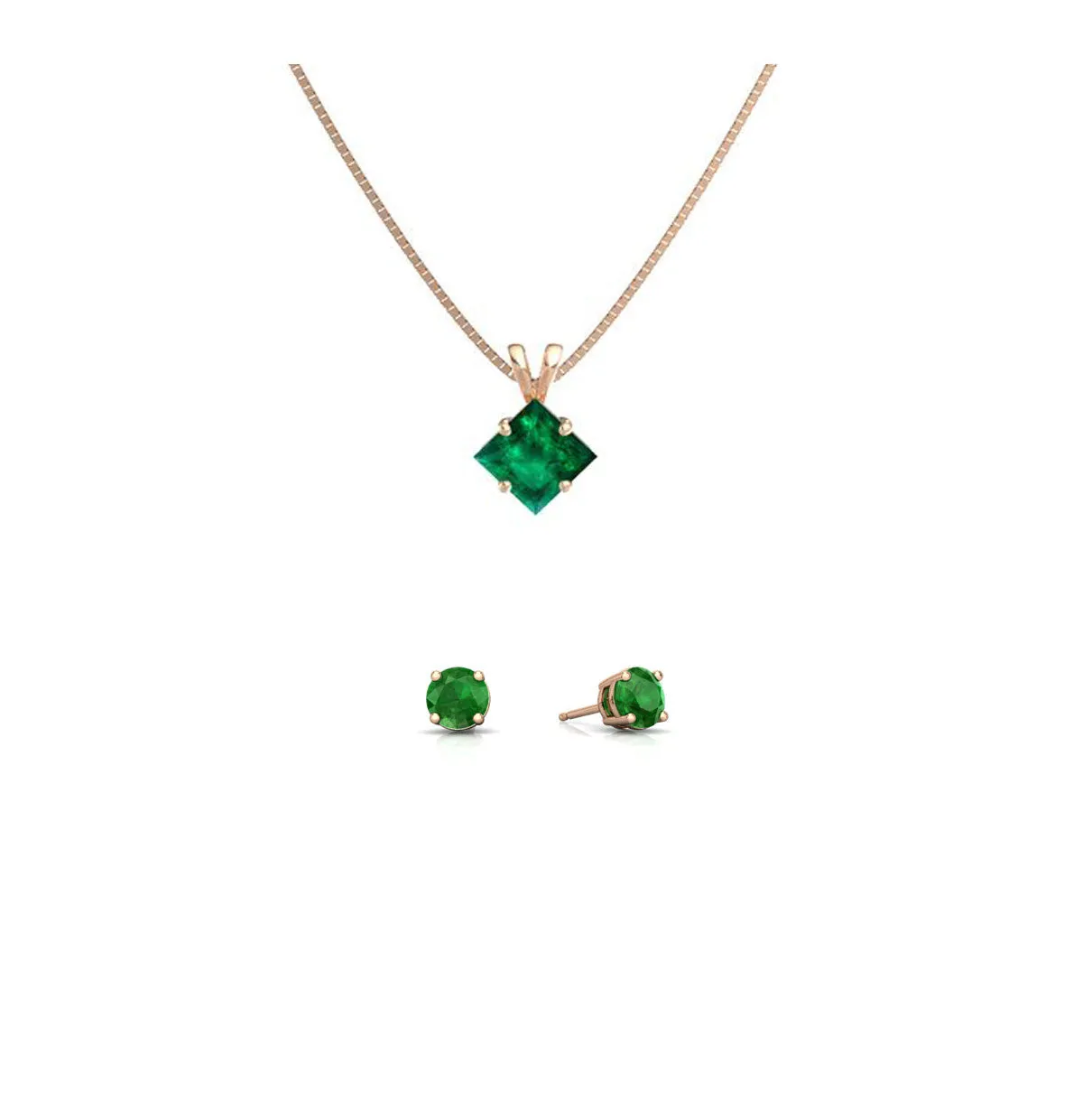 18K Rose Gold 1ct Emerald Square 18 Inch Necklace and Round Earrings Set Plated