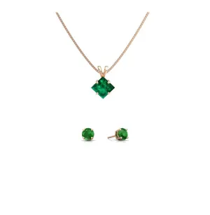 18K Rose Gold 1ct Emerald Square 18 Inch Necklace and Round Earrings Set Plated