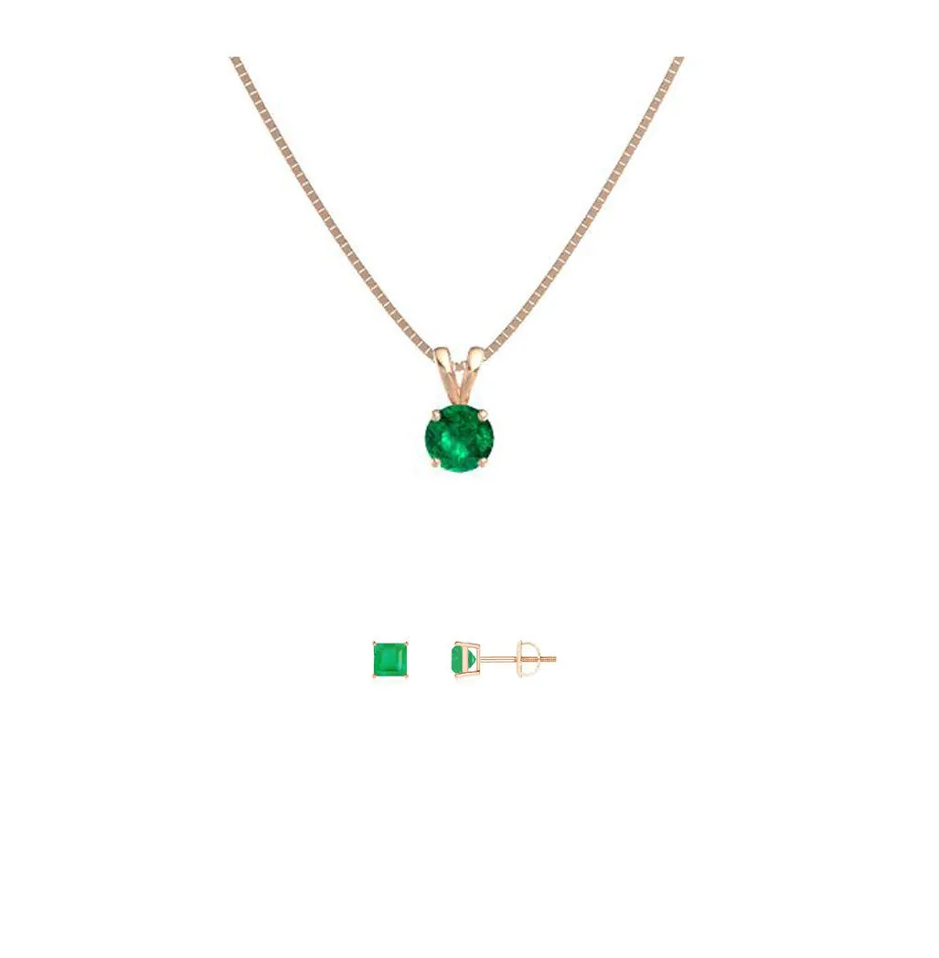 18K Rose Gold 4ct Emerald Round 18 Inch Necklace and Square Earrings Set Plated