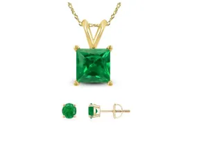 18K Yellow Gold 1/2ct Emerald Square 18 Inch Necklace and Round Earrings Set Plated