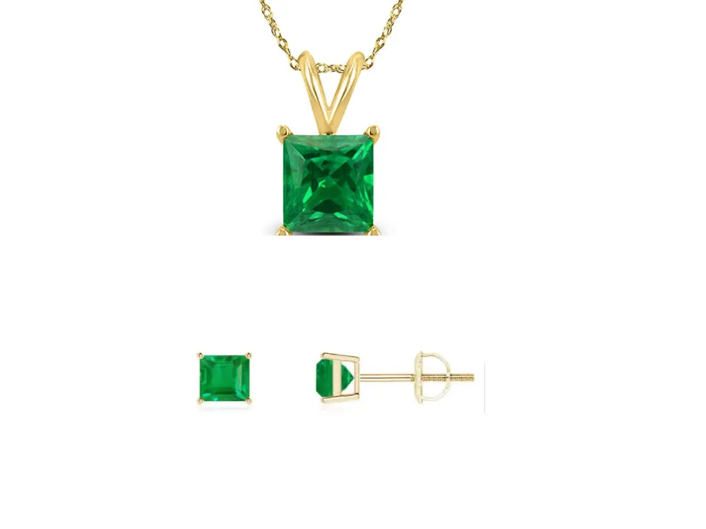 18K Yellow Gold 1ct Emerald Square 18 Inch Necklace and Earrings Set Plated