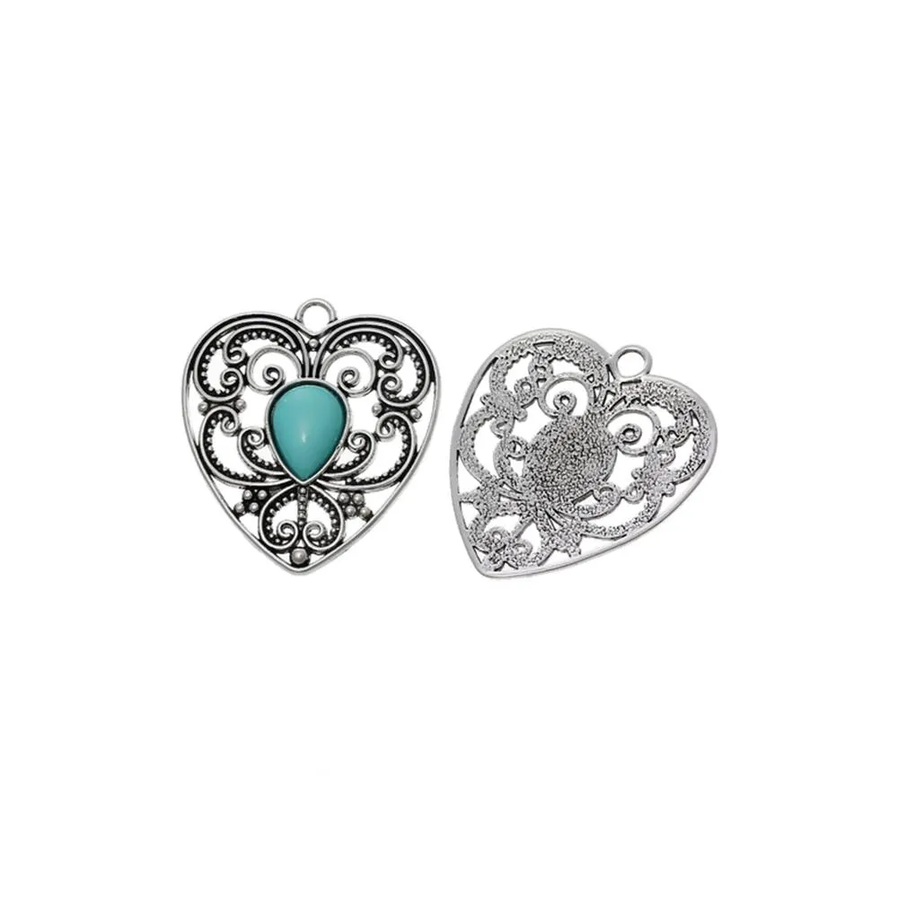 5 Pcs Tibetan Silver PATTERN HOLLOW HEART WITH BLUE RESIN IMITATION TURQUOISE 42mm x 38mm Charms Pendants, Lead & Nickel Free Metal Charms Pendants Beads