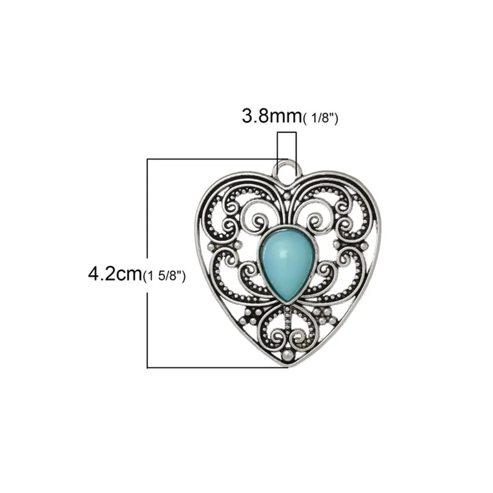 5 Pcs Tibetan Silver PATTERN HOLLOW HEART WITH BLUE RESIN IMITATION TURQUOISE 42mm x 38mm Charms Pendants, Lead & Nickel Free Metal Charms Pendants Beads