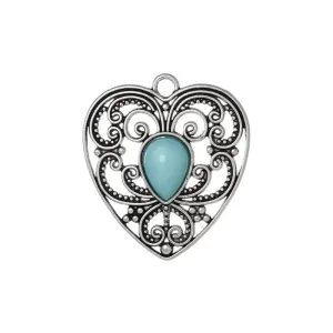 5 Pcs Tibetan Silver PATTERN HOLLOW HEART WITH BLUE RESIN IMITATION TURQUOISE 42mm x 38mm Charms Pendants, Lead & Nickel Free Metal Charms Pendants Beads