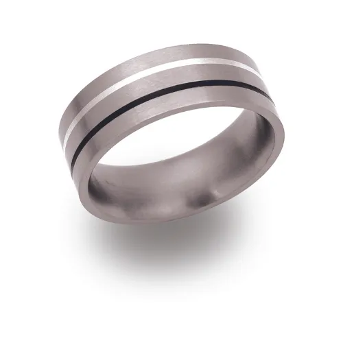 8mm Flat Titanium Band with Silver & Black Lacquer Inlay