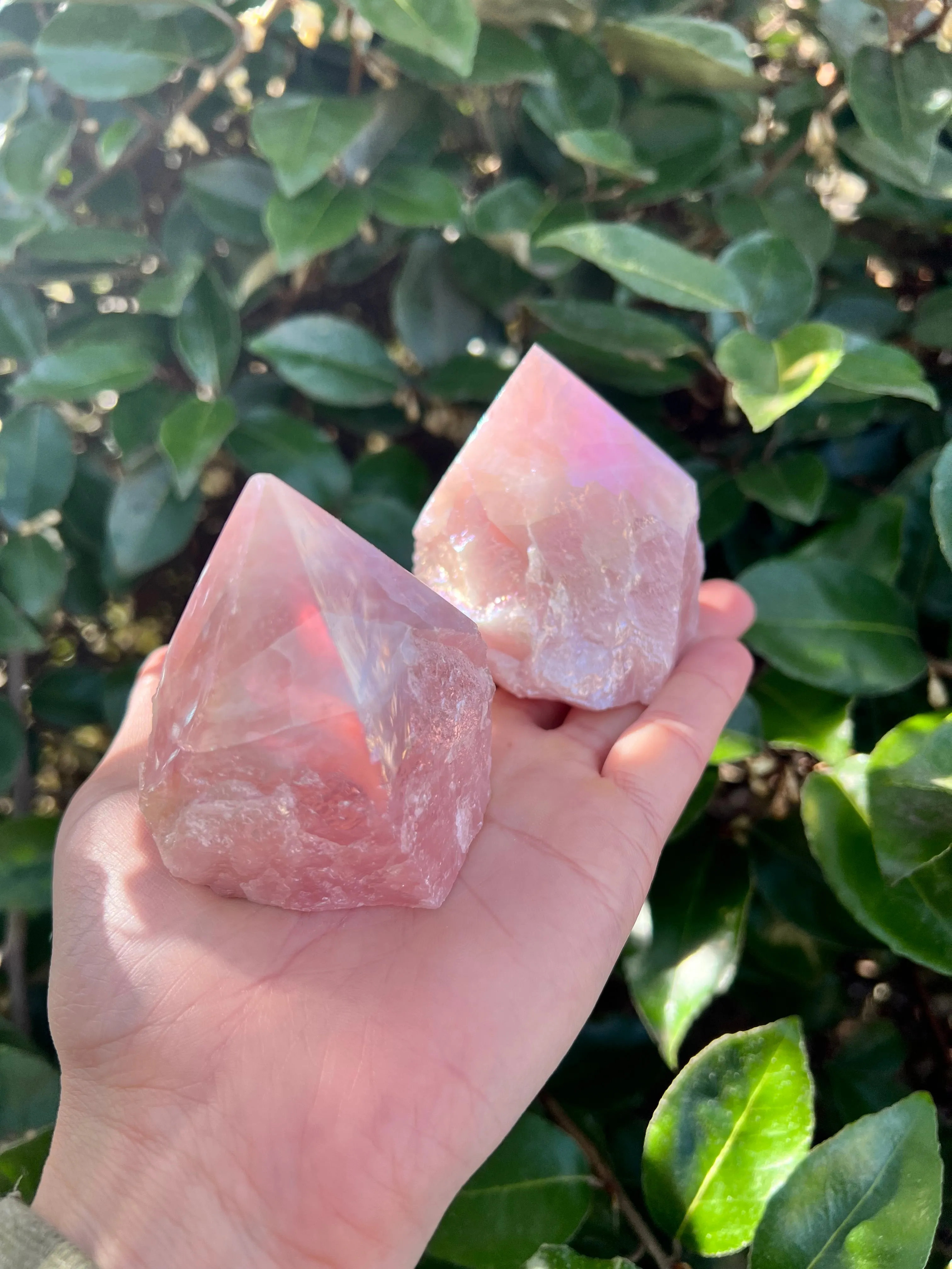 ANGEL AURA COATED ROSE QUARTZ TOP POLISH POINT