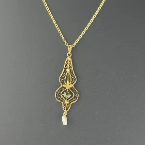 Antique 10K Gold Simulated Emerald Seed Pearl Pendant Necklace