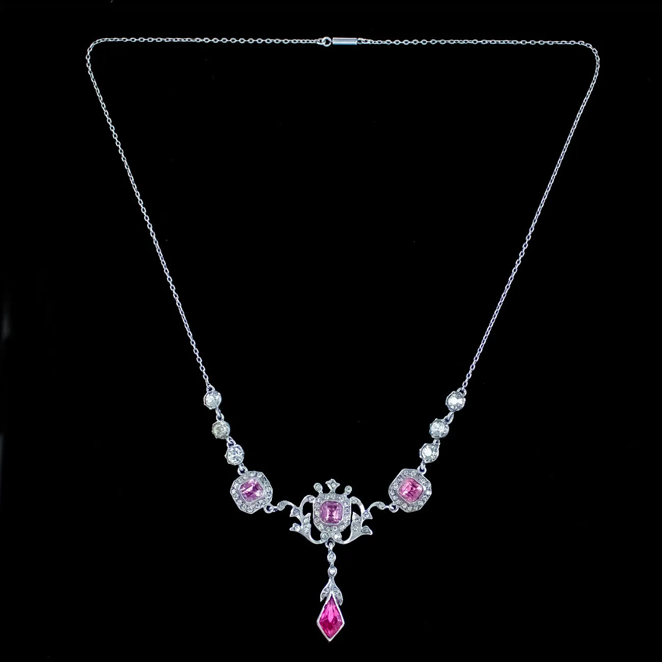 Antique Edwardian Pink Paste Lavaliere Necklace Silver