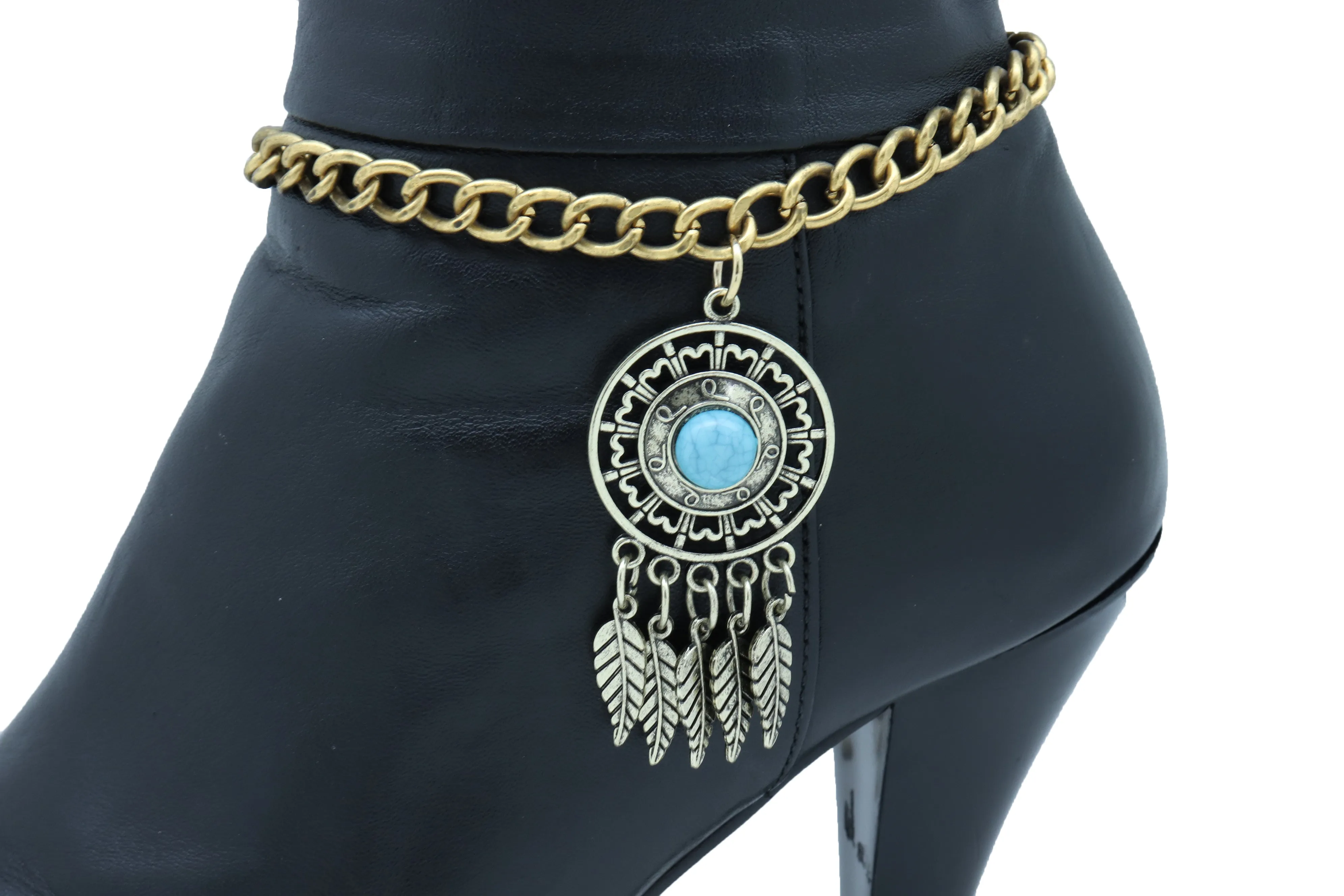 Antique Gold Metal Boot Chain Bracelet Shoe Feather Turquoise Blue Charm Ethnic