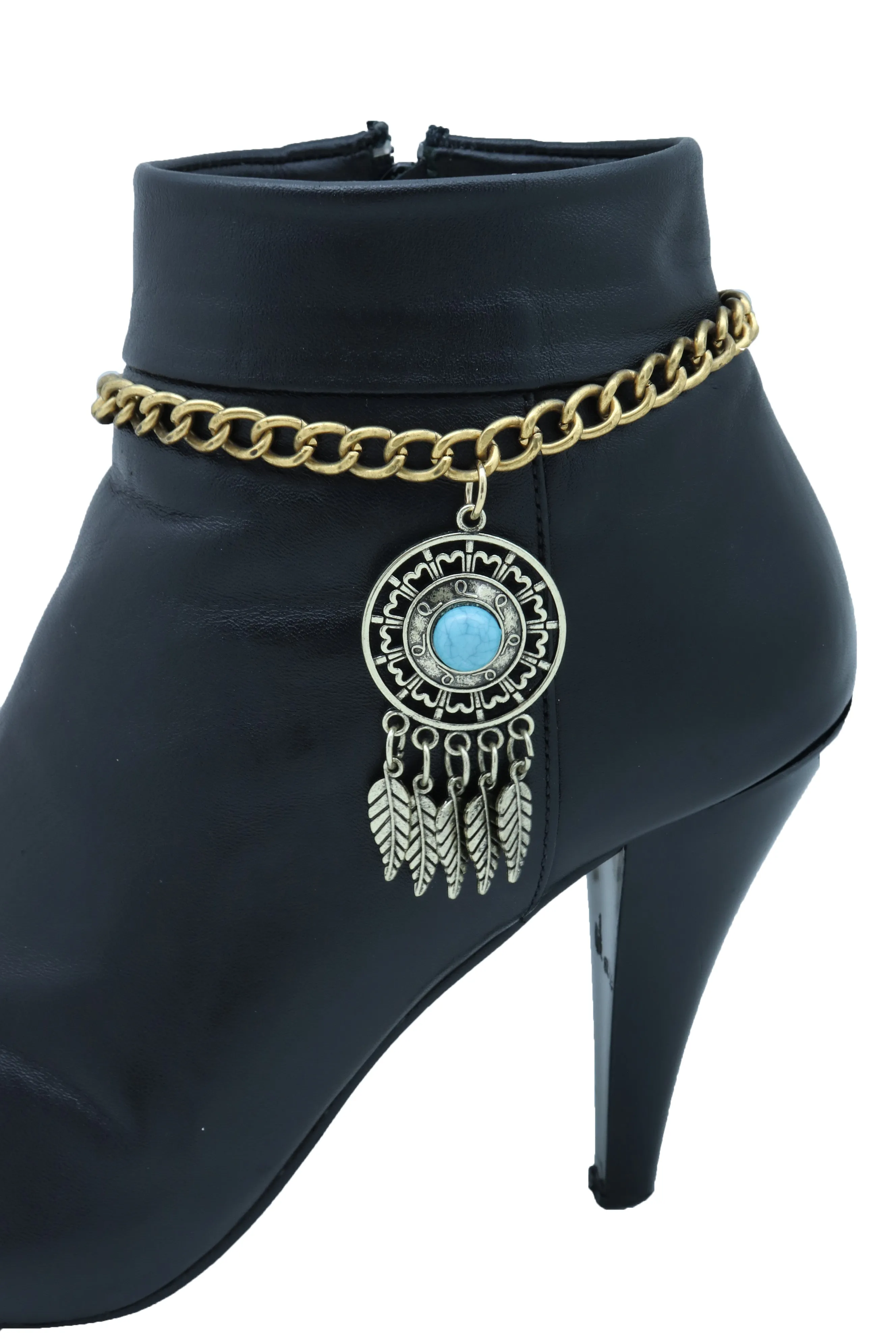 Antique Gold Metal Boot Chain Bracelet Shoe Feather Turquoise Blue Charm Ethnic