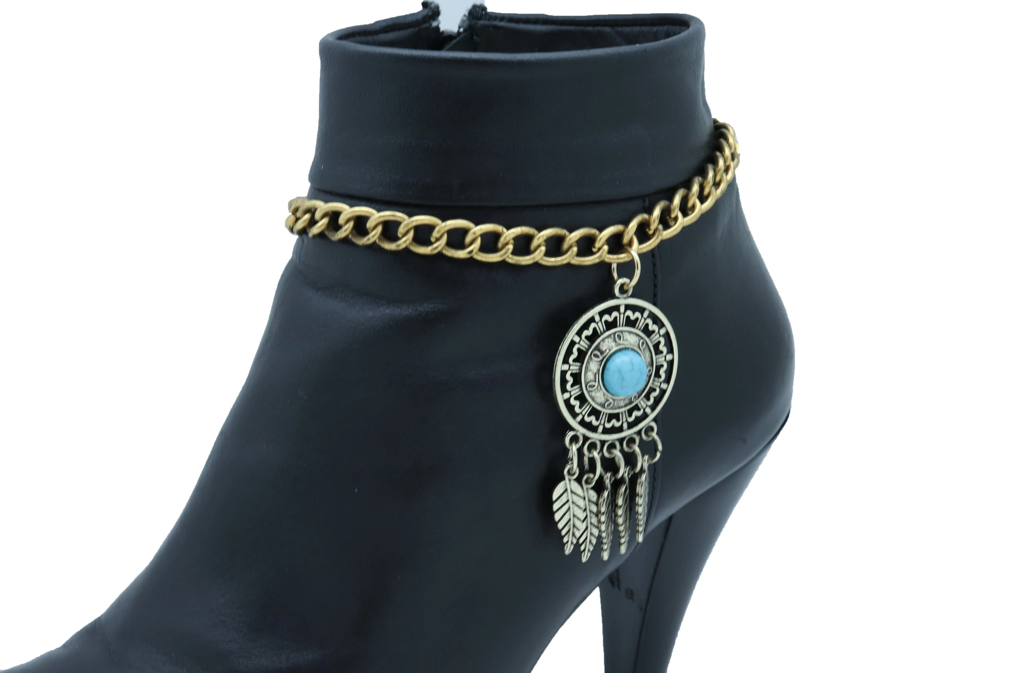 Antique Gold Metal Boot Chain Bracelet Shoe Feather Turquoise Blue Charm Ethnic