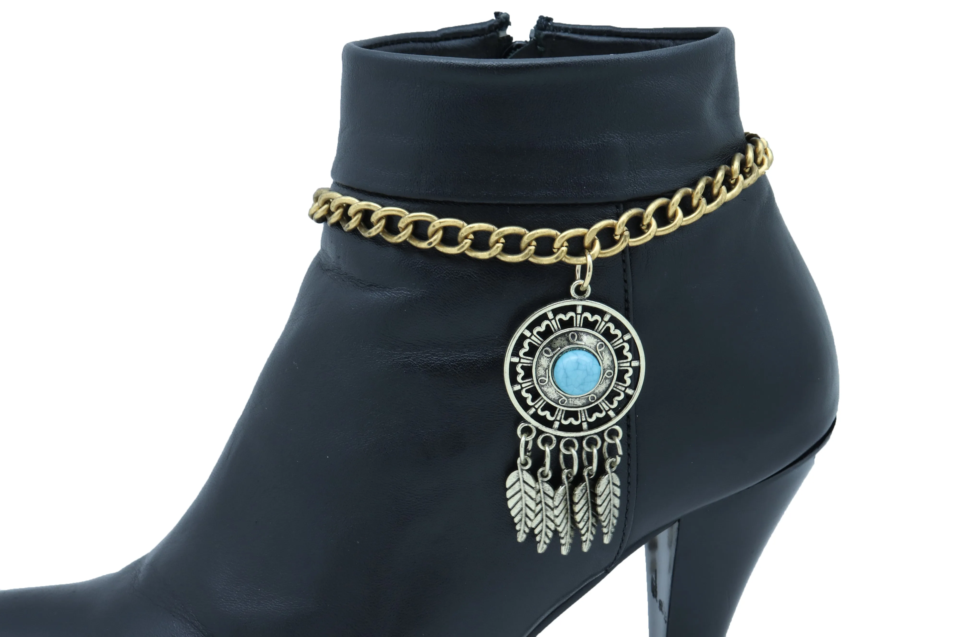 Antique Gold Metal Boot Chain Bracelet Shoe Feather Turquoise Blue Charm Ethnic