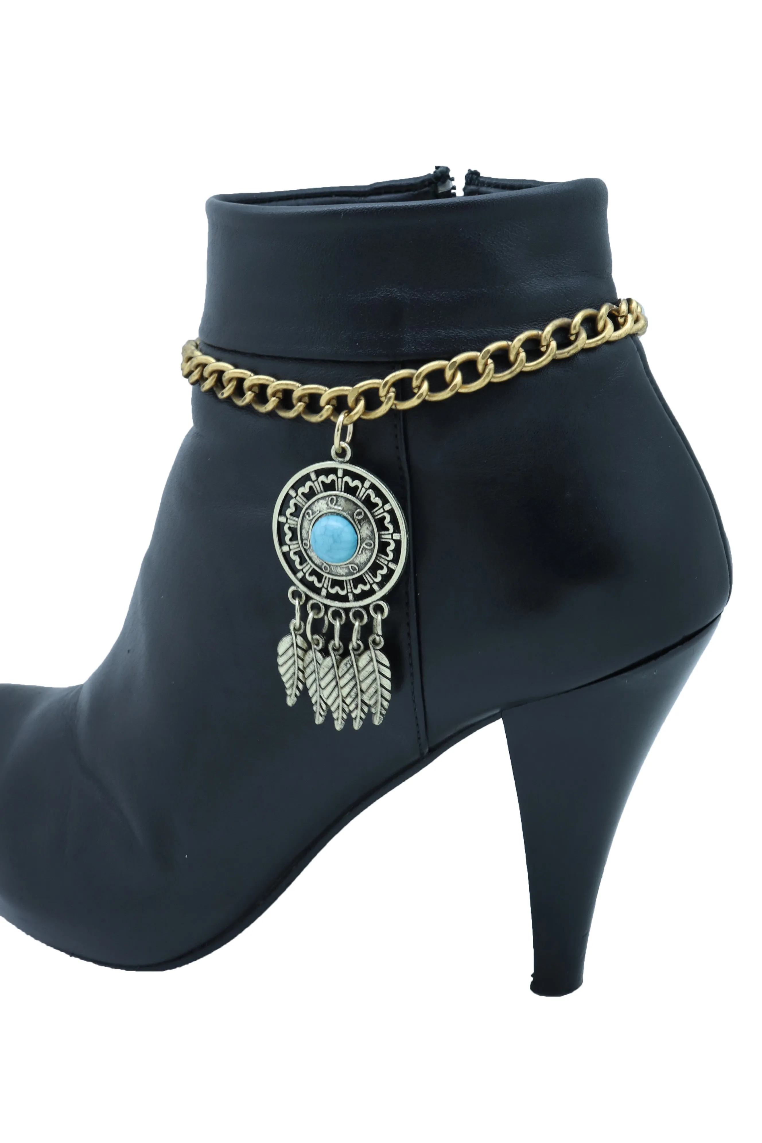 Antique Gold Metal Boot Chain Bracelet Shoe Feather Turquoise Blue Charm Ethnic