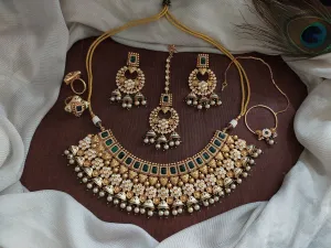 Antique Kundan Bridal Choker Set – Floral Design in Green and Baby Pink