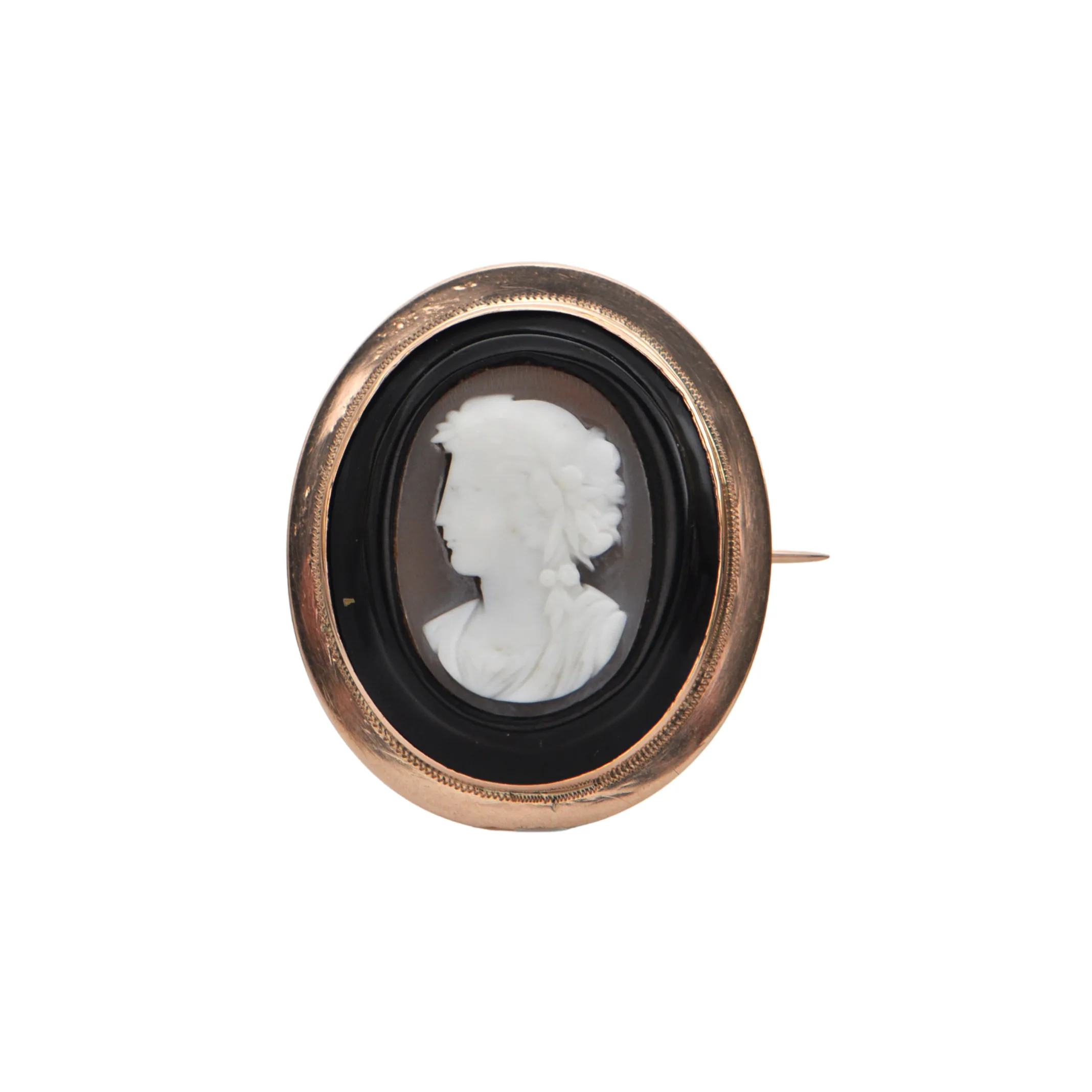 Antique Onyx and Rose Gold Shell Cameo Brooch