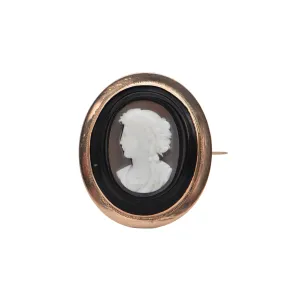 Antique Onyx and Rose Gold Shell Cameo Brooch