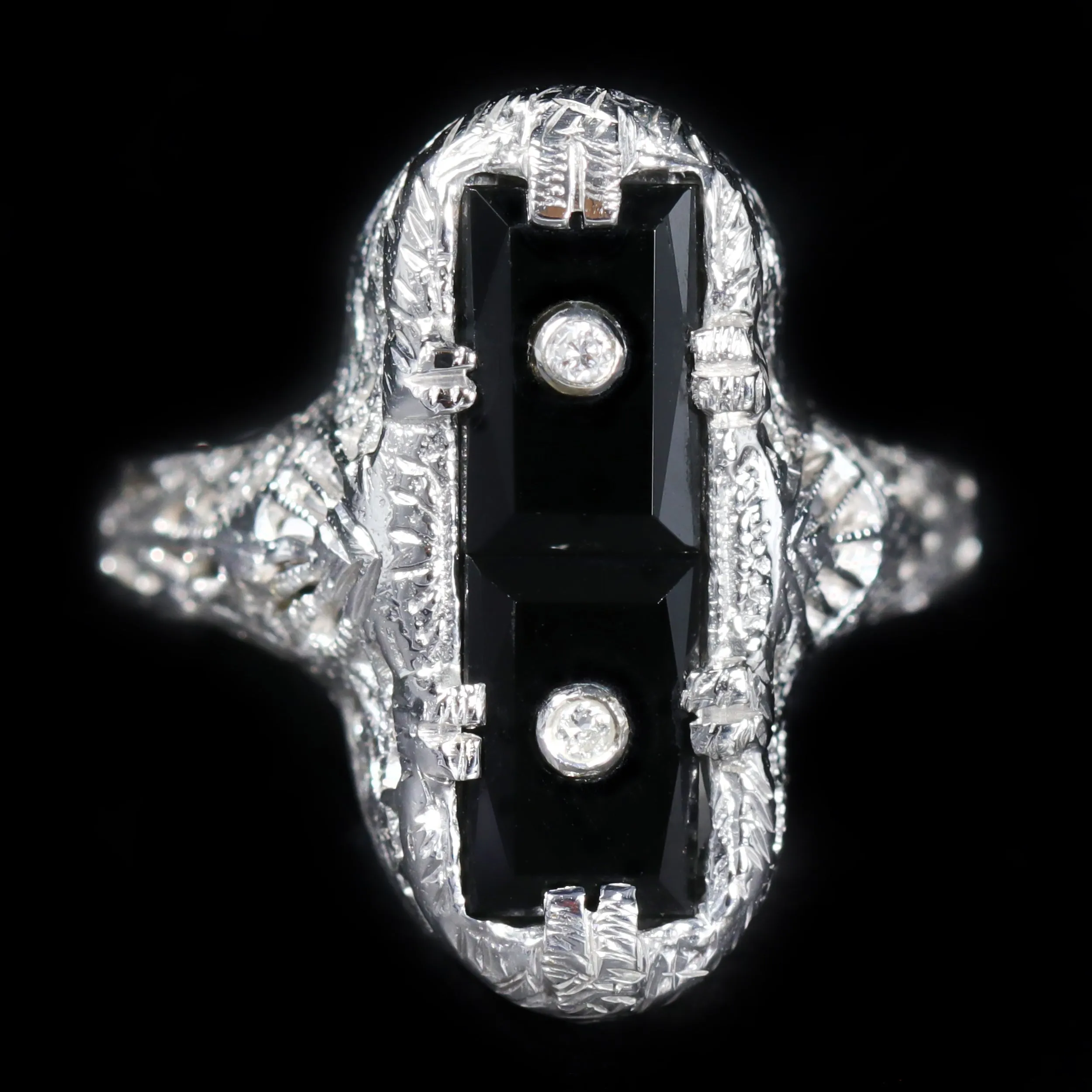 Art Deco 14K White Gold Onyx and Diamond Ring