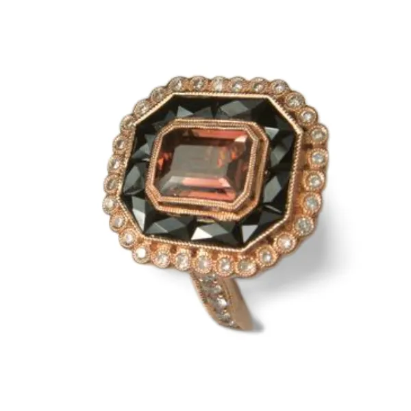 Beautiful Art Deco 18K Pink Rose Gold Pink Tourmaline Hand Cut Onyx Diamond Filigree Ring Band