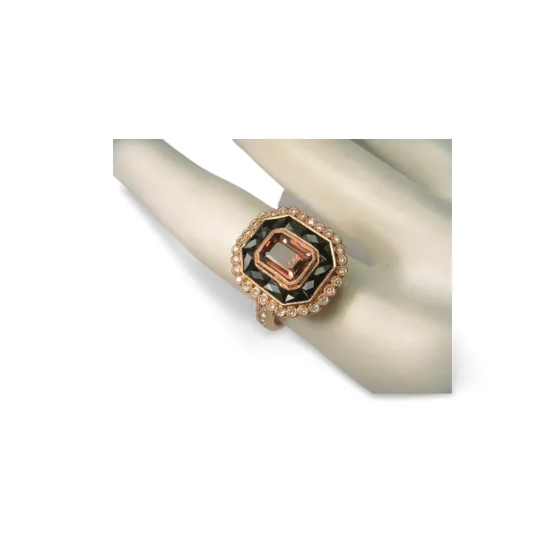 Beautiful Art Deco 18K Pink Rose Gold Pink Tourmaline Hand Cut Onyx Diamond Filigree Ring Band