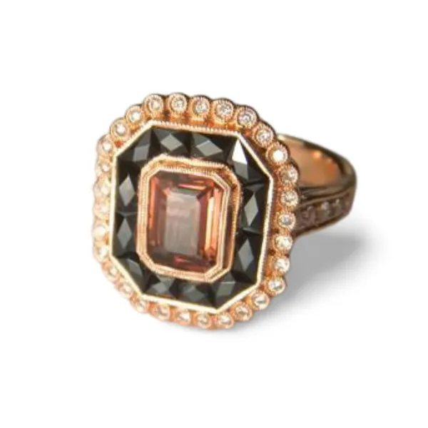 Beautiful Art Deco 18K Pink Rose Gold Pink Tourmaline Hand Cut Onyx Diamond Filigree Ring Band