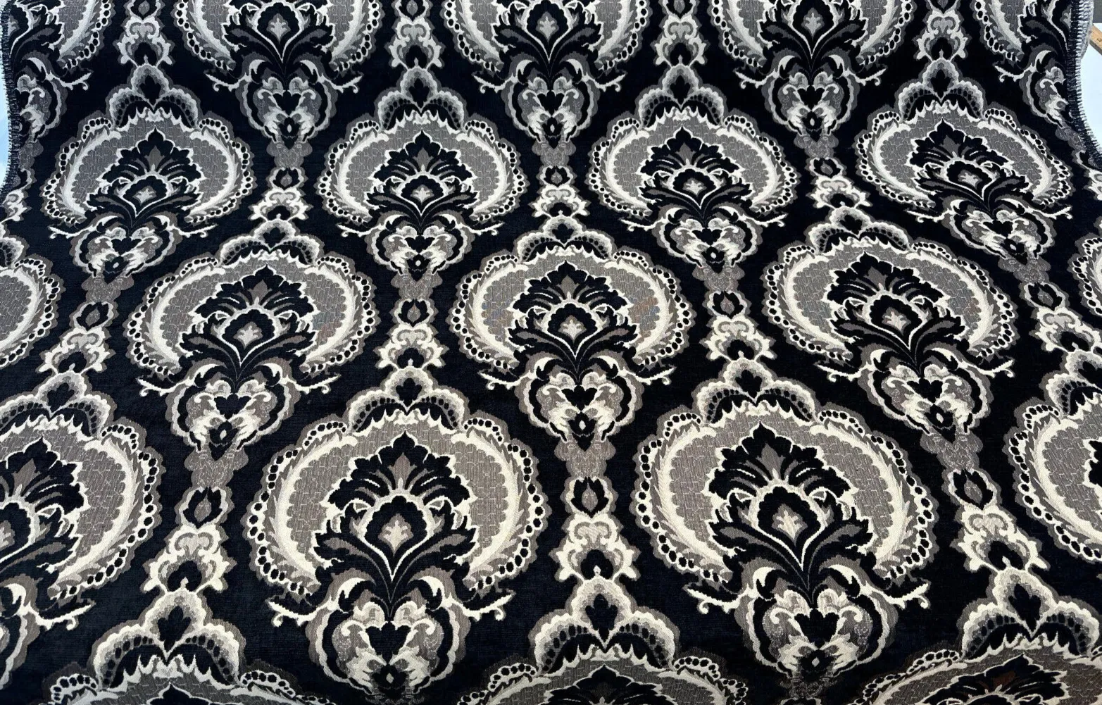 Black Damask Algiers Onyx Chenille Upholstery Fabric By The Yard