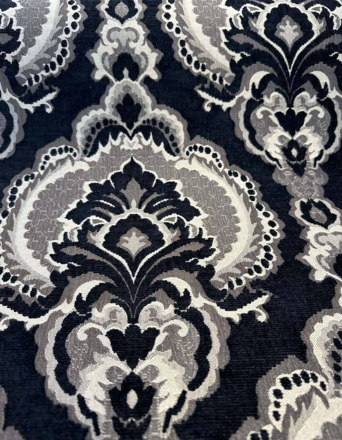 Black Damask Algiers Onyx Chenille Upholstery Fabric By The Yard