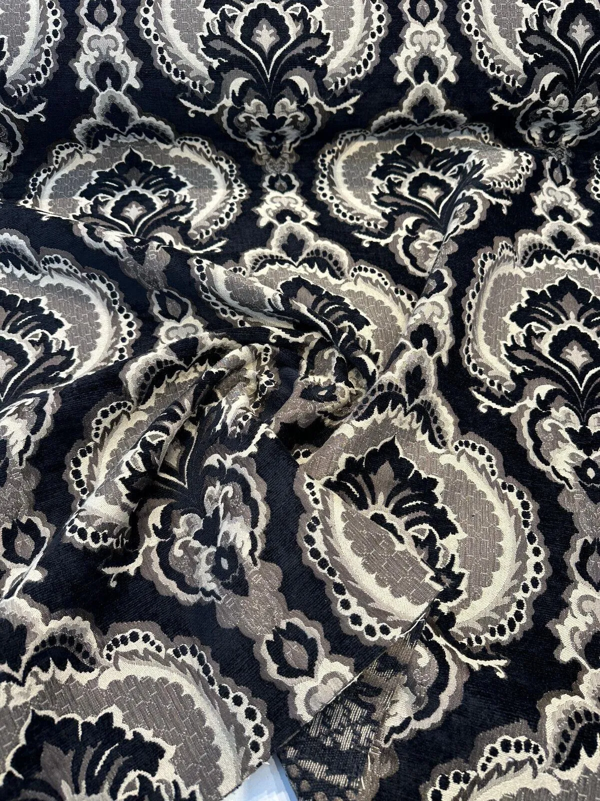 Black Damask Algiers Onyx Chenille Upholstery Fabric By The Yard