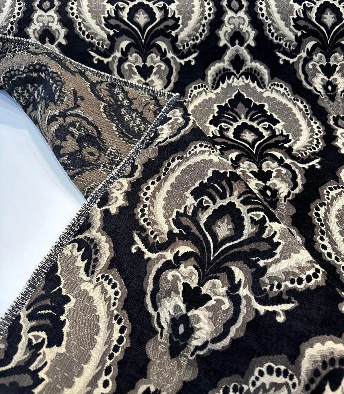 Black Damask Algiers Onyx Chenille Upholstery Fabric By The Yard