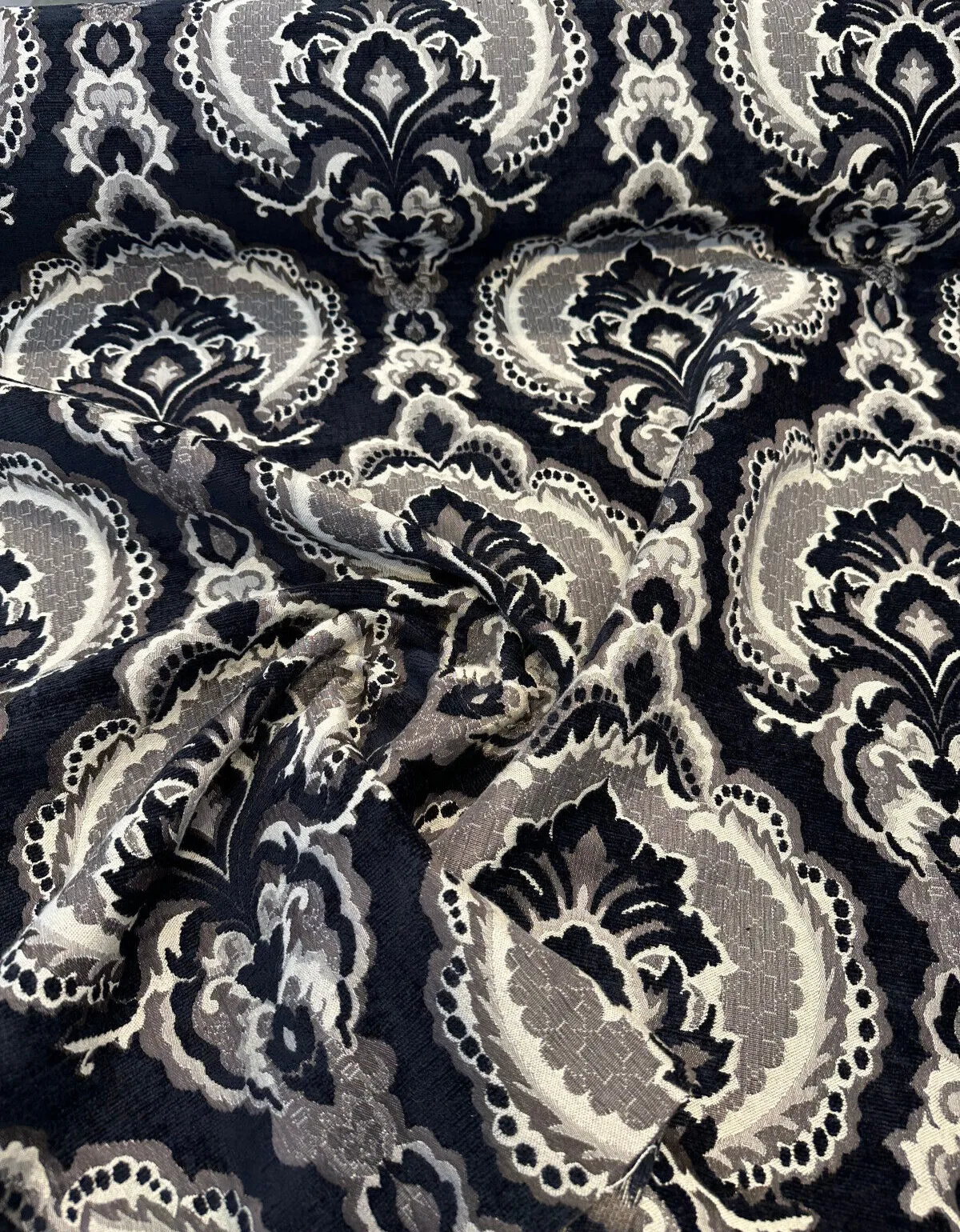 Black Damask Algiers Onyx Chenille Upholstery Fabric By The Yard