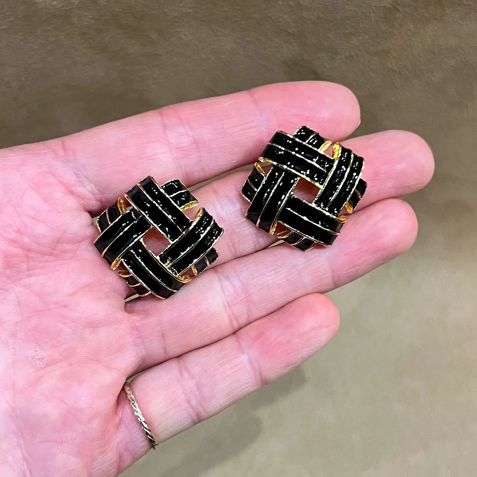 Black Enamel Vintage Clip On Earrings