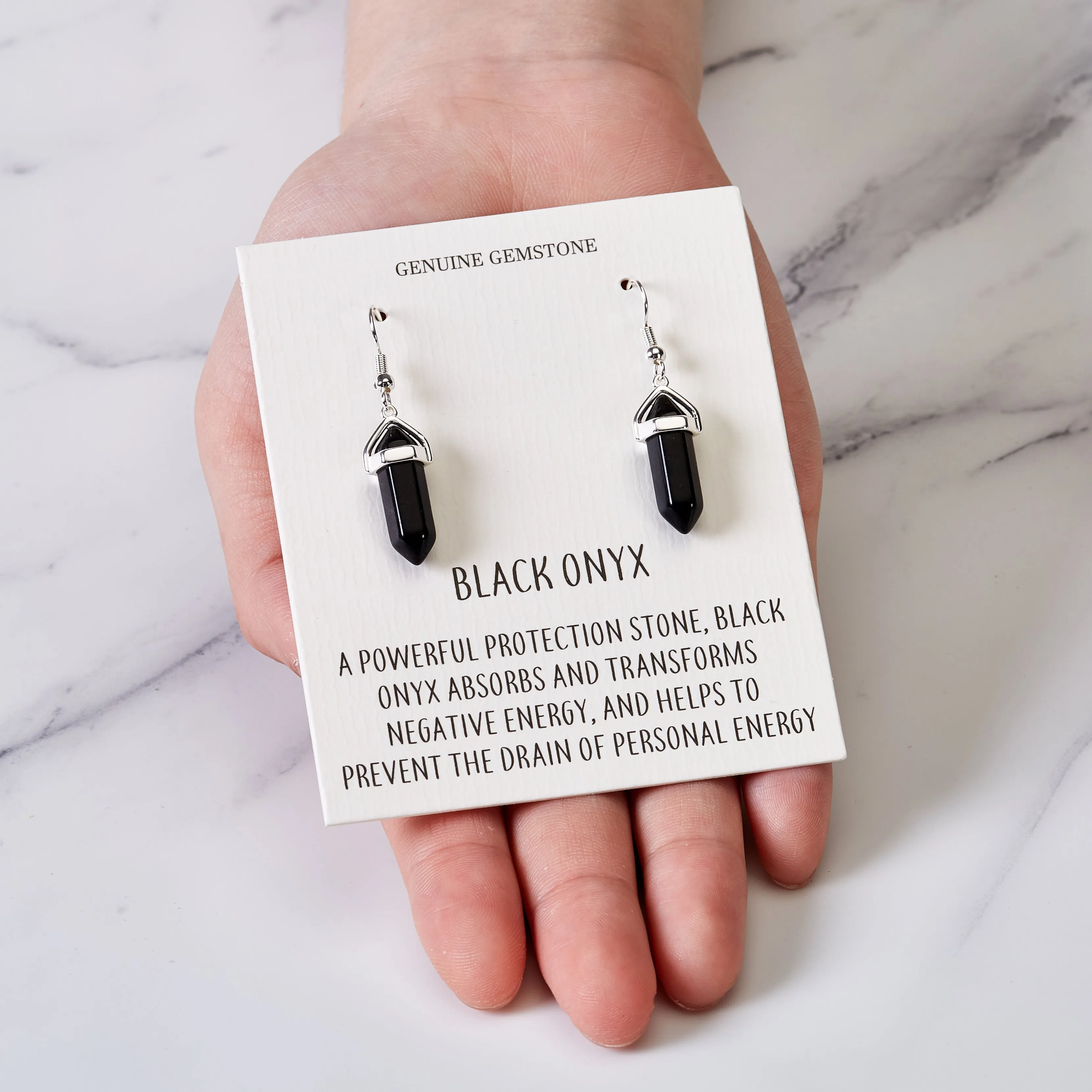 Black Onyx Gemstone Drop Earrings with Quote Card