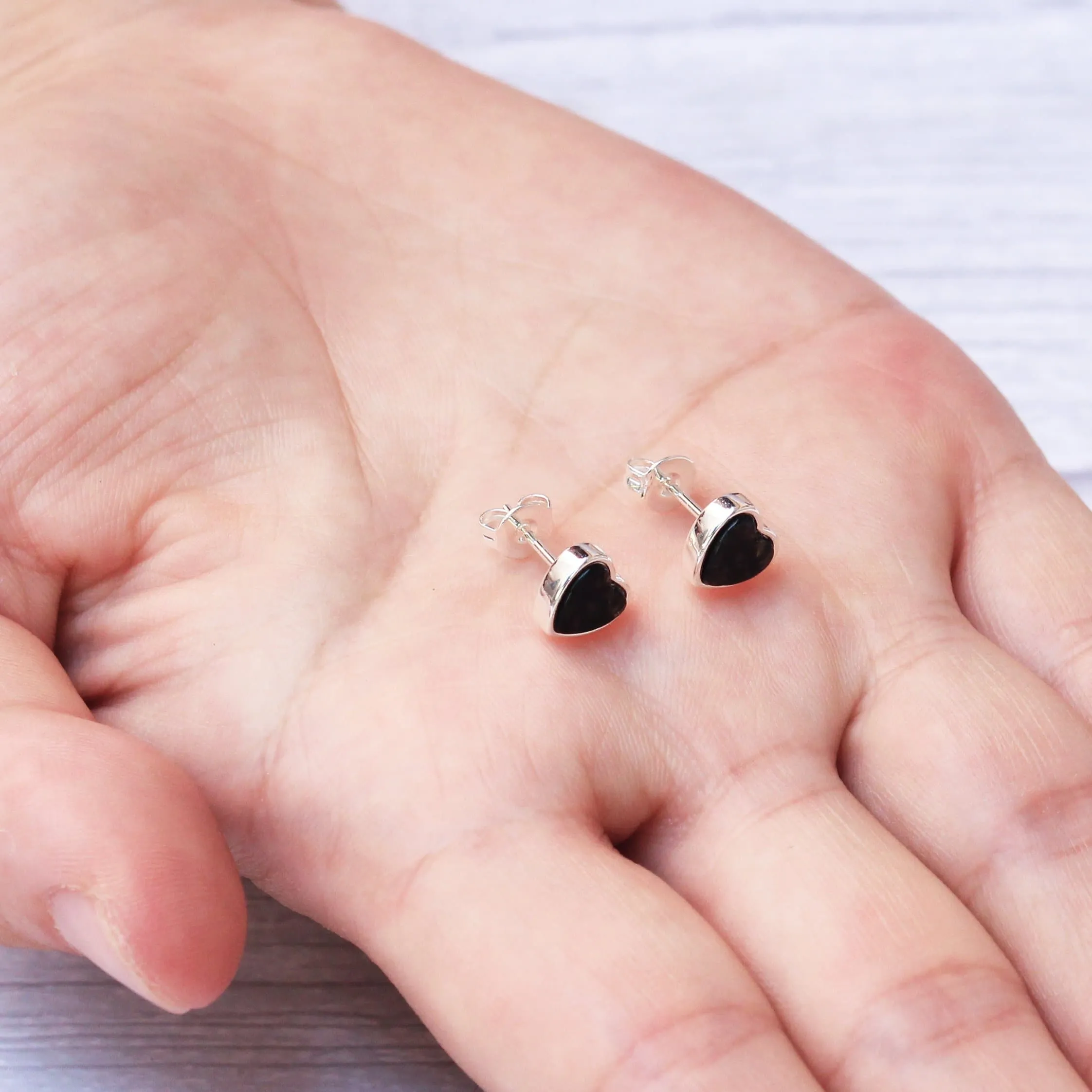 Black Onyx Heart Stud Earrings