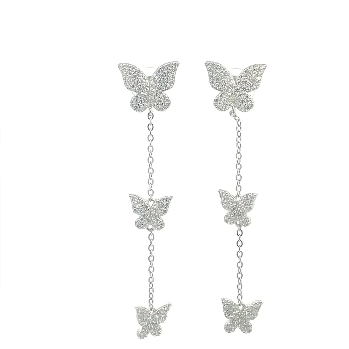 Butterfly Earrings, .925 Sterling Silver Pave Diamond CZ Three Butterfly Drop Down Post Long Earrings