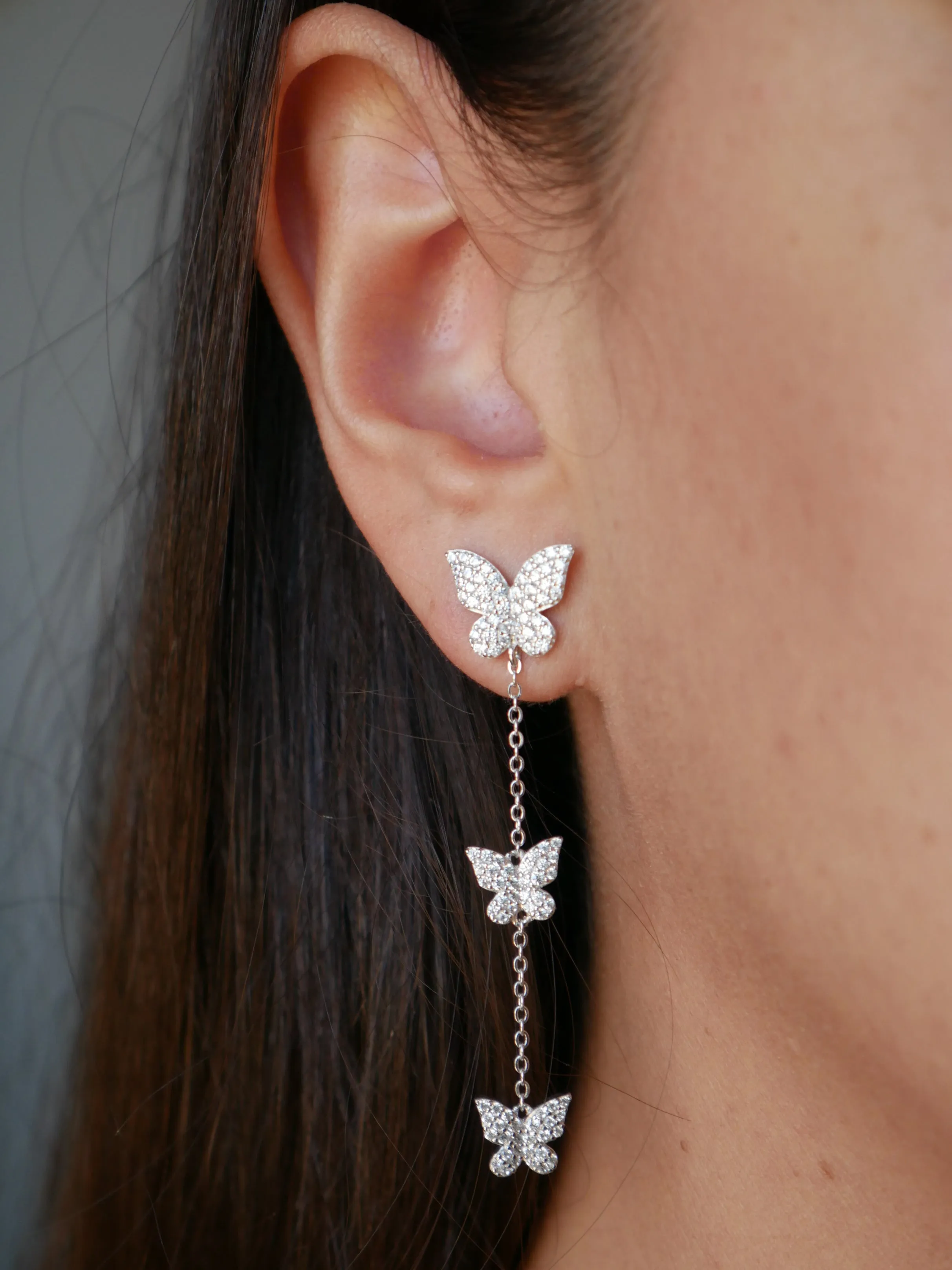 Butterfly Earrings, .925 Sterling Silver Pave Diamond CZ Three Butterfly Drop Down Post Long Earrings