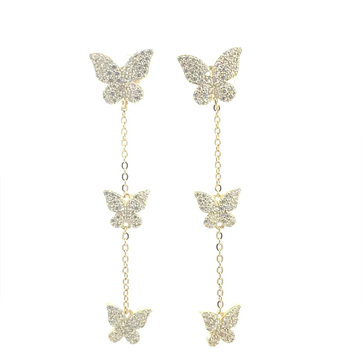 Butterfly Earrings, .925 Sterling Silver Pave Diamond CZ Three Butterfly Drop Down Post Long Earrings