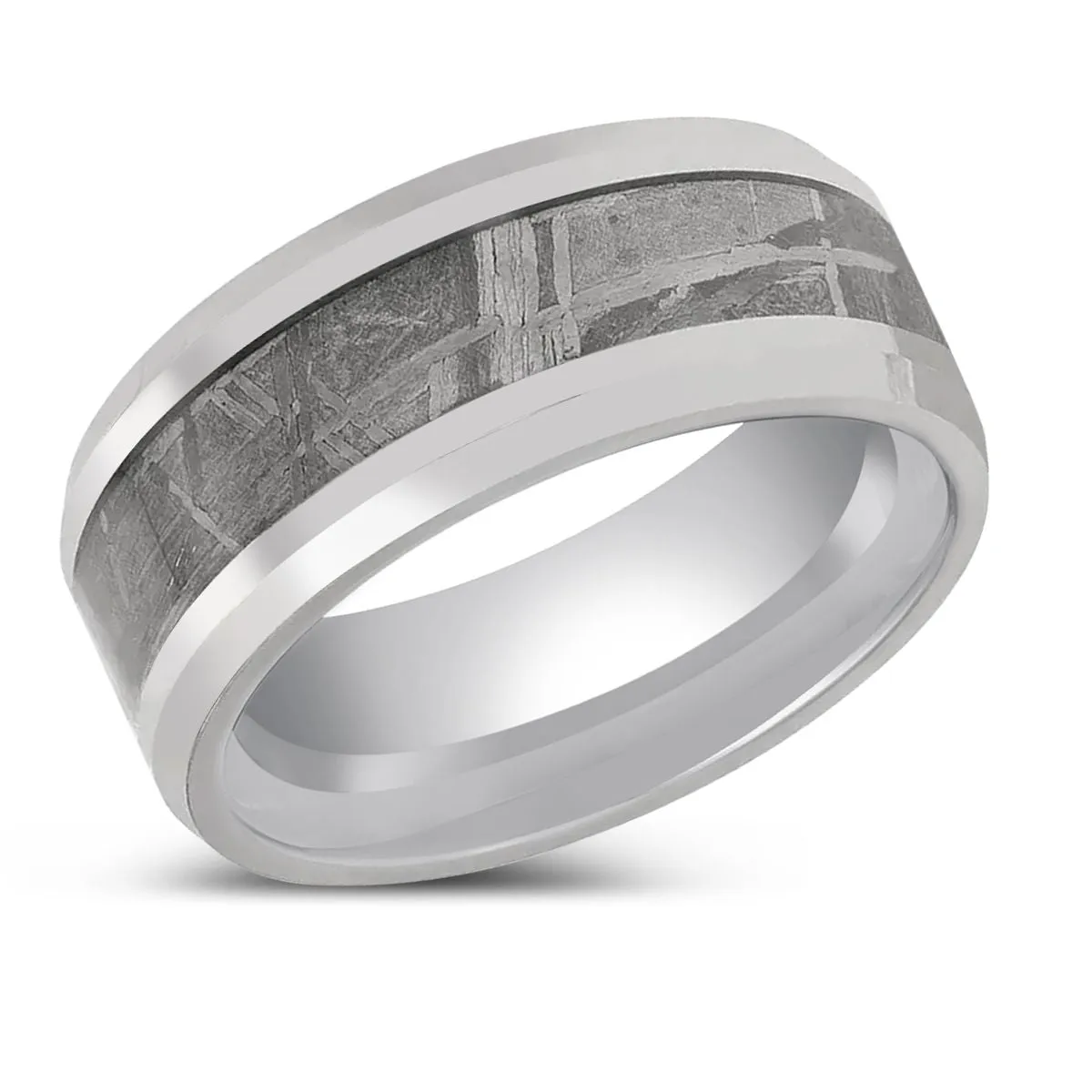 CLESTIAL | Tungsten Ring, Meteorite Inlay Ring, Beveled Edges