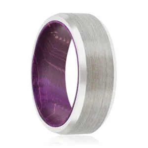 CORC | Purple Wood, Silver Tungsten Ring, Brushed, Beveled