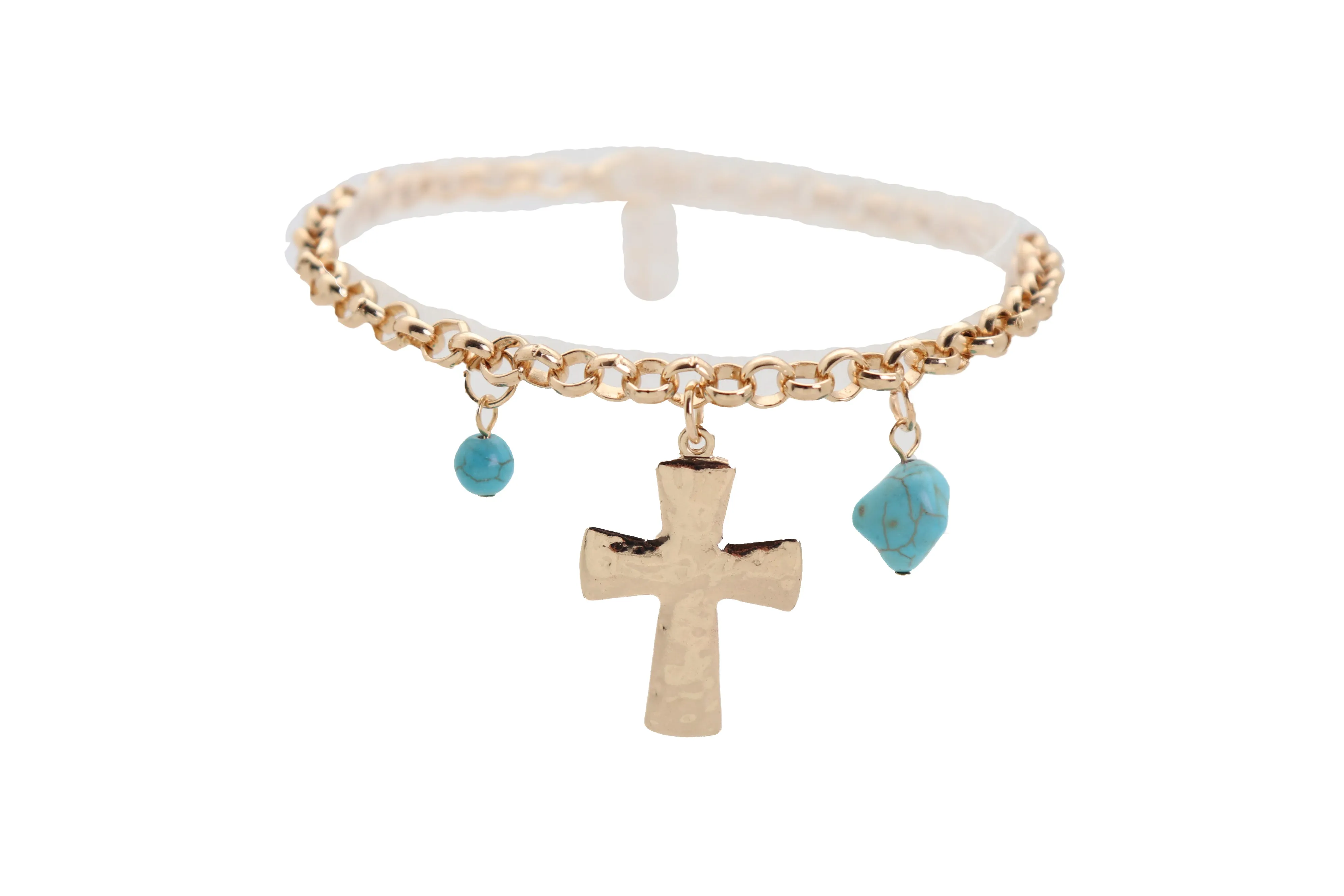 Cross & Turquoise Bead Charms Metal Chain Boot Bracelet