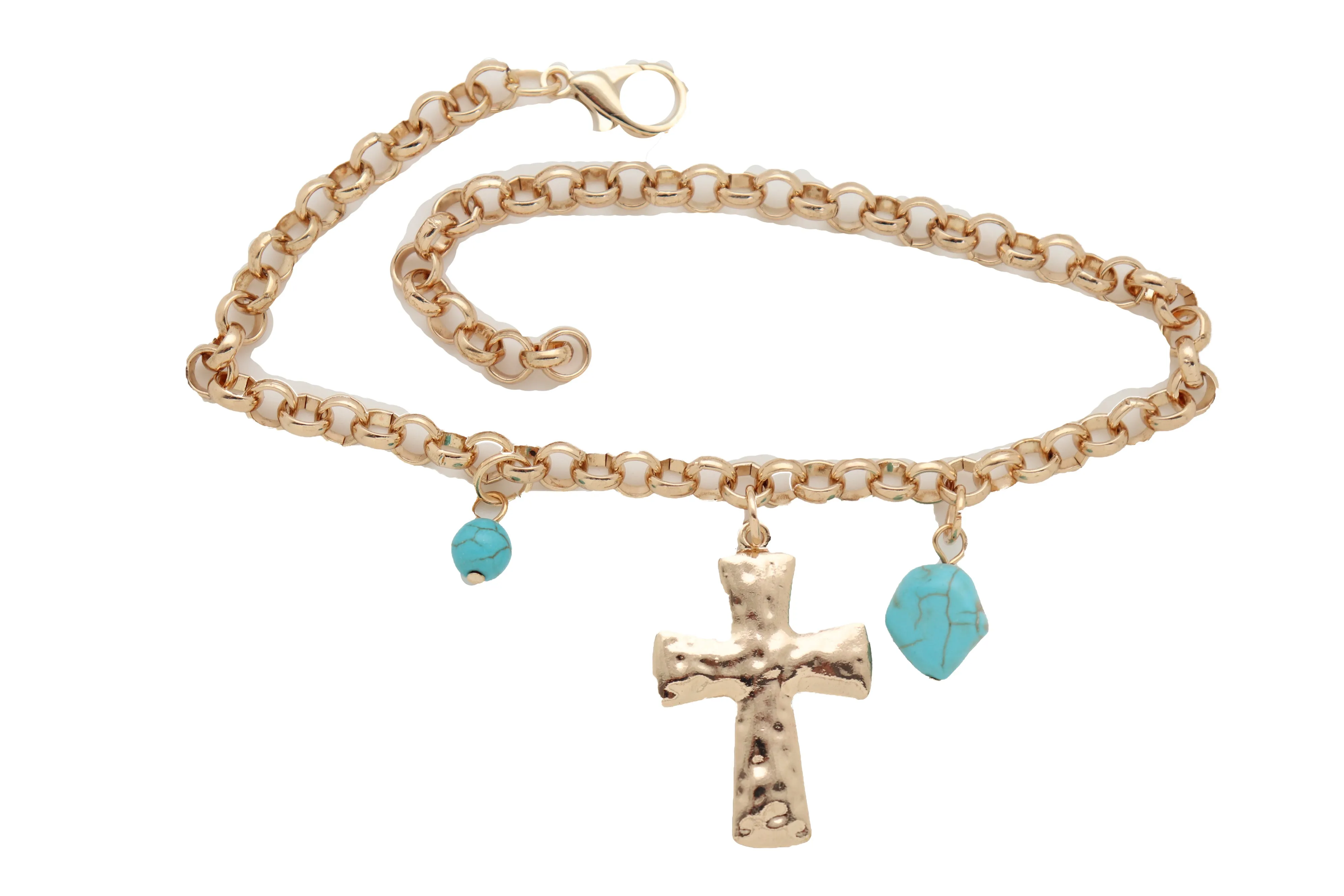 Cross & Turquoise Bead Charms Metal Chain Boot Bracelet